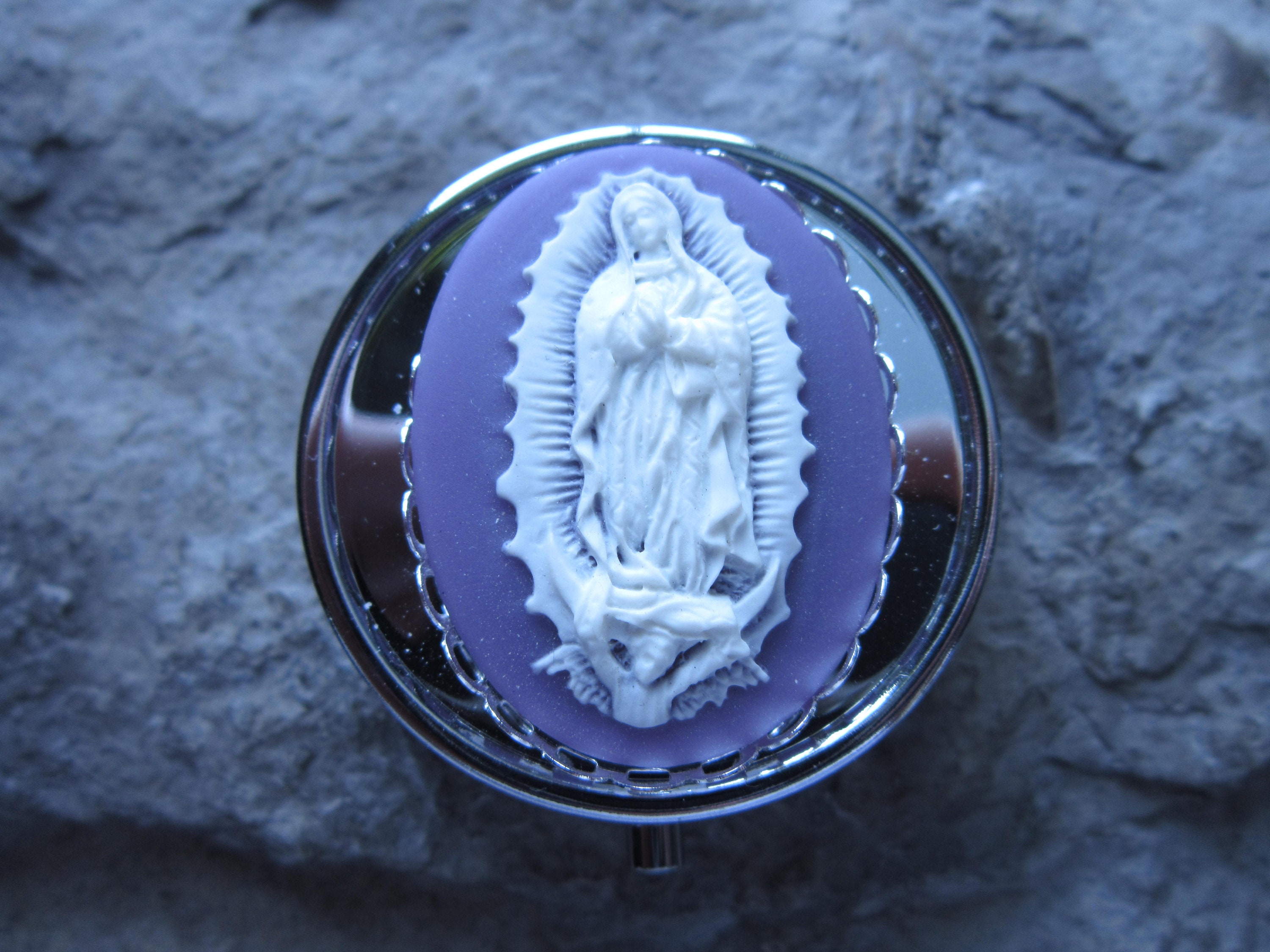 Choose Cameo Color- Lady of Guadalupe - Virgin Mary Cameo Silver Pill Box - Religious - Pill Case - Meds - Medication Organizer
