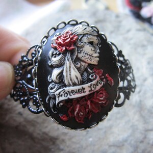 Forever Love Skeleton Woman Hand Painted Cameo Black Filigree Adjustable Cuff Bracelet - Skeleton - Skull - Goth