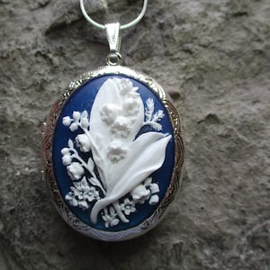 Choose Silver, Bronze, or Gold - Lily of the Valley Cameo Locket - White on Dark Blue - Navy - High Quality -  Weddings, Photos, Keepsakes
