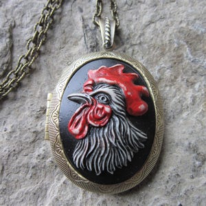 Choose Bronze, Silver or Antique Silver - Rooster (Hand Painted) Cameo Locket - Quality Chicken, Hen, Farm, Farming