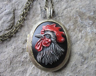 Choose Bronze, Silver or Antique Silver - Rooster (Hand Painted) Cameo Locket - Quality Chicken, Hen, Farm, Farming