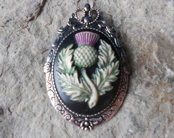 2 in 1 - Scottish Thistle (Hand Painted) Cameo Brooch/Pin/Pendant Beautiful Detail and Great Quality - Scotland