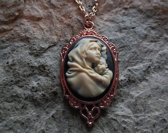 Choose Black or Green - Virgin Mary & Baby Jesus Cameo Rose Gold Tone Pendant Necklace - Unique - Religious