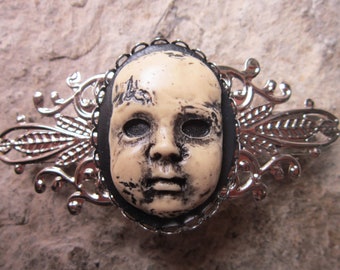 Choose Silver, Bronze or Gold - Hand Painted Creepy Baby Doll Cameo Filigree Barrette - Halloween - Zombie - Hair Accessory  - Accessory