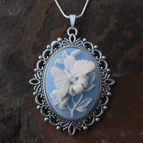 Stunning Butterfly Cameo Pendant Necklace white on Sky Blue - Etsy