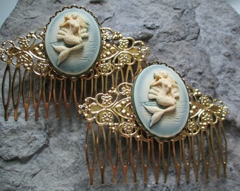 Scegli verde, viola o blu - Coppia di sirena con pettini per capelli in filigrana oro cameo guscio - Tropical -Beach Hair Accessory - Beach Wedding