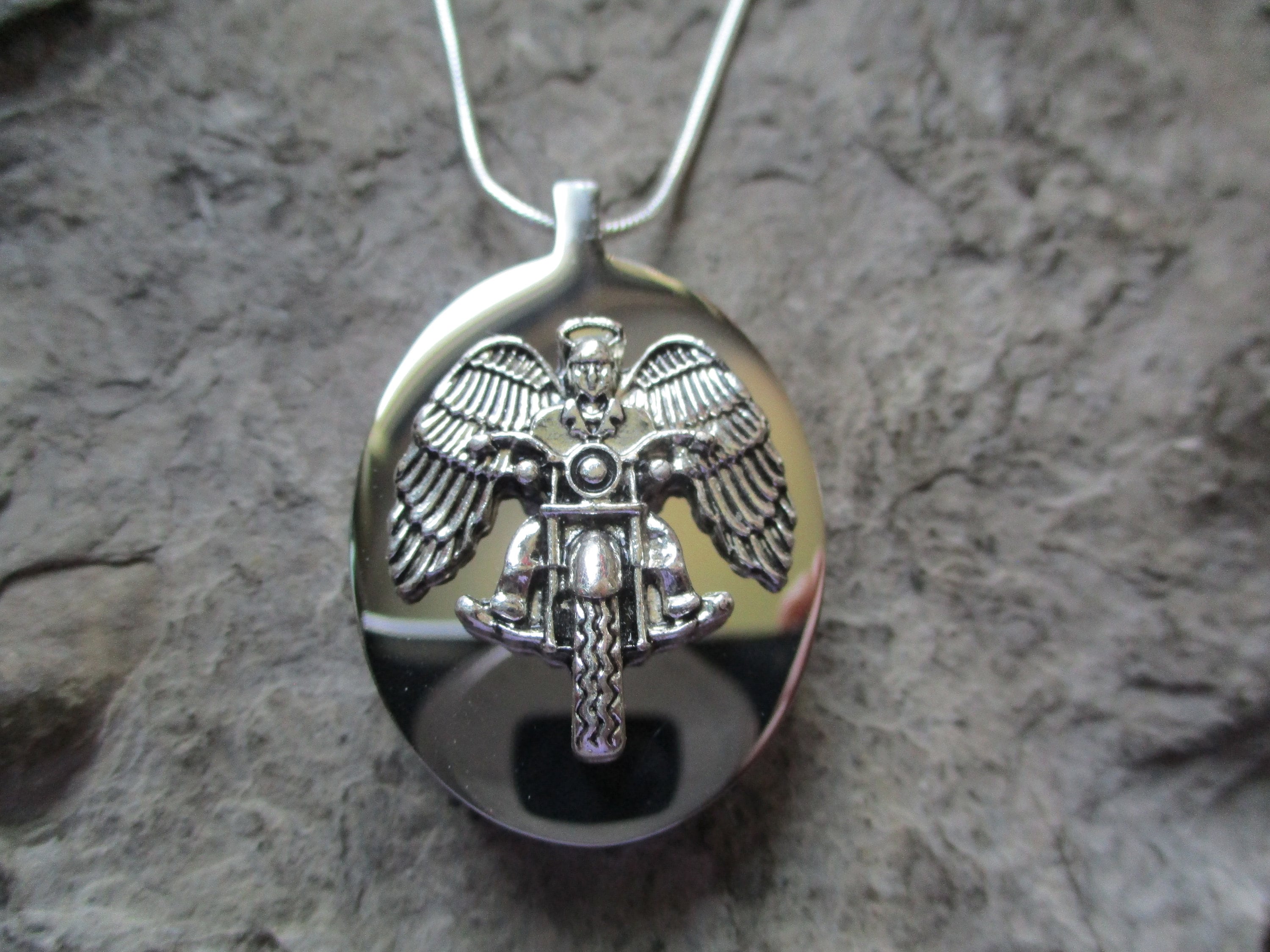 Biker with Angel Wings Stainless Steel Urn Necklace - Lock of Hair - Biker - Motorcycle - Memorial