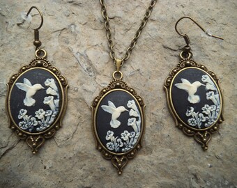Stunning 2 Piece Set- Hummingbird Cameo Necklace and Earrings - Antiqued look--- Great Quality
