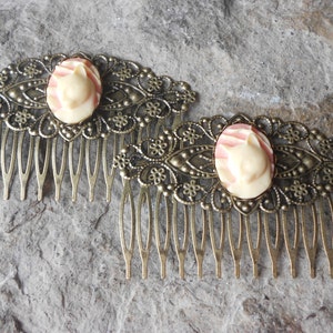 Choose Pink, Black, Green or Blue - Pair of Cat Cameo Bronze Filigree Hair Combs - Hair Accessory - Hair Clips - Barrettes - Cat Lover Gift