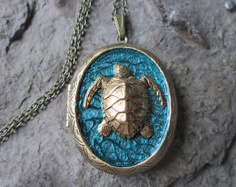 Choose Bronze or Silver - Unique Sea Turtle Locket  - Turtle Collector - Vacation - Cruise - Turtle Gift - Aqua Blue - Great Quality