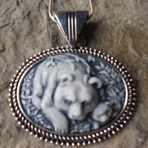 Bear with her Cub Hand Painted Cameo Pendant Necklace -  .925 plated - Bear Cub