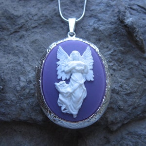 Choose Purple, Pink or Peach - Guardian Angel Cameo Silver Plated Lockets - Religious, Easter, Christmas, Weddings, Photos, Keepsakes