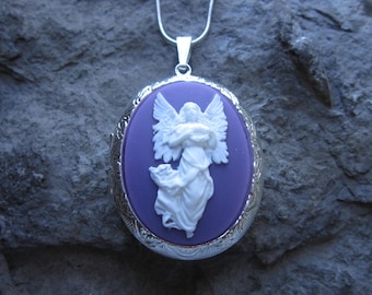 Choose Purple, Pink or Peach - Guardian Angel Cameo Silver Plated Lockets - Religious, Easter, Christmas, Weddings, Photos, Keepsakes