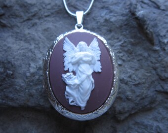 Choose Burgundy or Orange - Guardian Angel Cameo Silver Plated Locket- Religious, Easter, Christmas, Weddings, Photos, Keepsakes
