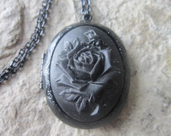 Choose Background Color Black, Gray, White or Purple - Black Rose Cameo on a Black Enamel Locket - Mourning, Goth, Gothic