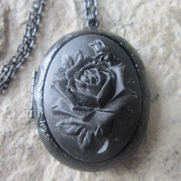 Choose Background Color Black, Gray, White or Purple - Black Rose Cameo on a Black Enamel Locket - Mourning, Goth, Gothic