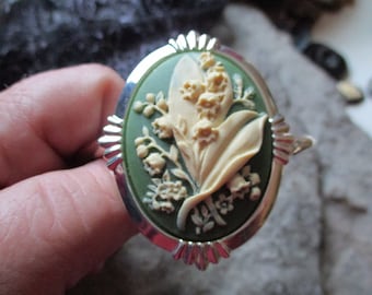 Elija verde, negro, lavanda, azul o burdeos - Pulsera de puño plateada de lirio del valle Cameo - Calidad - Única - Boda - Novia