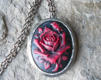 Choose Silver or Bronze - Hand Painted Cameo Locket - Red Rose on Black - Vampire, Goth, Steampunk,  Victorian, Weddings, Photos, Keepsakes