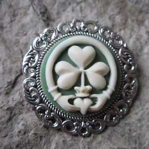 Irish Shamrock and Claddagh on Green Cameo Silver Brooch / Pin - Celtic, Ireland, Gift, Clover, St Patrick's Day