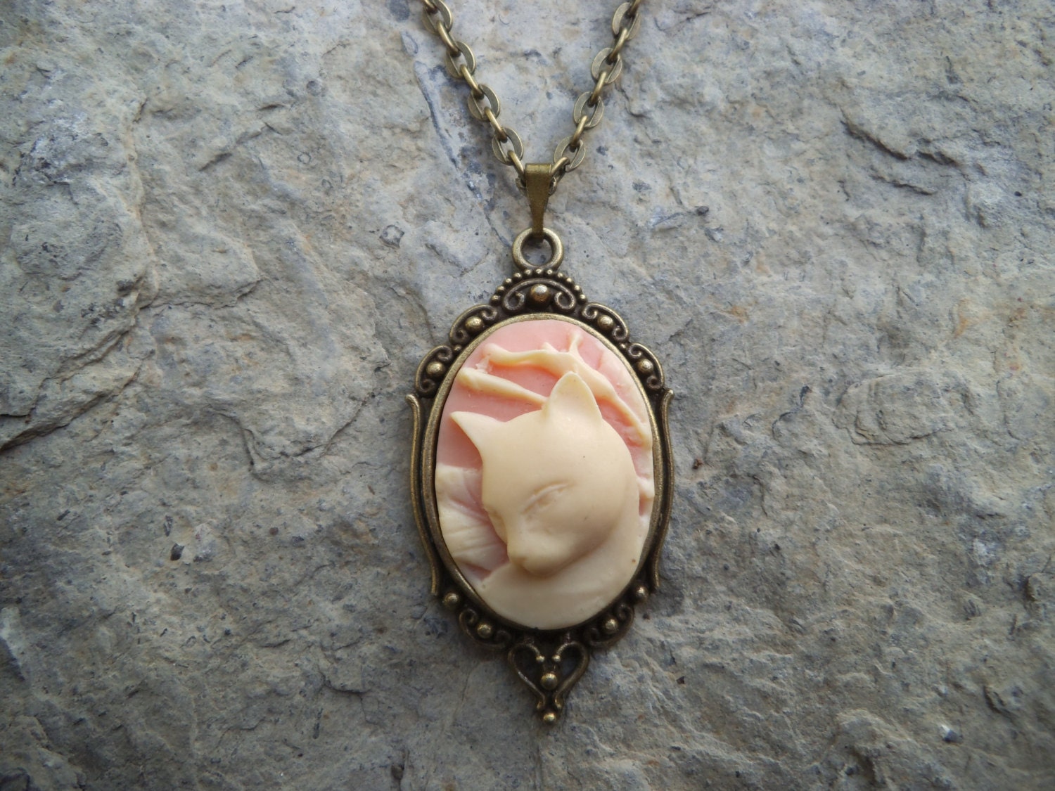 You Choose Color--Kitty Cat Cameo Necklace - Pink, Green, Black - Bronze Setting, Bronze Chain - Christams