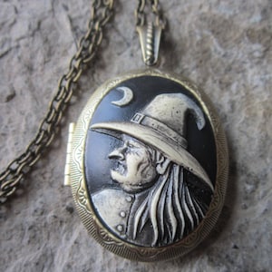 Choose Bronze, Antiqued Silver, or Silver Halloween Witch Locket - Hand Painted - Witch Hat, Moon - Antique Look--- Great Quality!!
