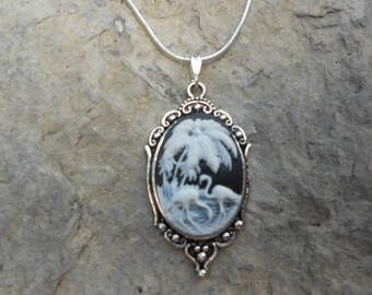 Stunning White Flamingos, Palm Tree and Ocean (on black) Cameo Pendant Necklace - Tropical, Vacation, Cruise, Unique, Great Quality