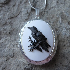 Wählen Sie Schwarz auf Weiß, Lila oder Rot - Raven, Crow, Black Bird Cameo Versilberte Medaillons - Goth - Mourning - Death