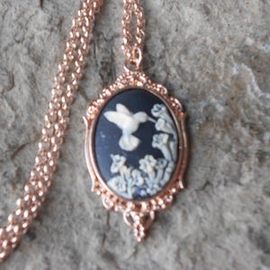 Choose Black or Blue - Hummingbird Cameo Rose Gold Tone Copper Pendant Necklace - Unique - Hummingbird Gift, Bird