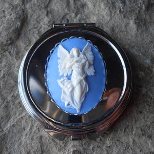 Choose Blue or Black - Guardian Angel Cameo Compact Mirror - Makeup Mirror, Lipstick Mirror, Beauty, Pill Case, Stash, Holder, Reiligious
