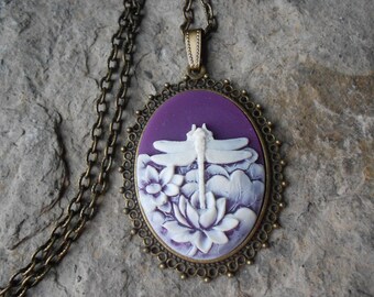 Dragonfly - Purple -  Cameo Necklace  - 2" Long - Bronze Setting, Bronze Chain
