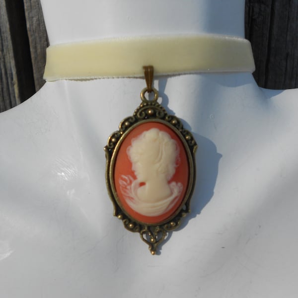 Ivory Velvet Choker with Victorian Woman Portrait Cameo - Victorian, Formal, Prom, Evening, Renaissance, Steampunk, Goth