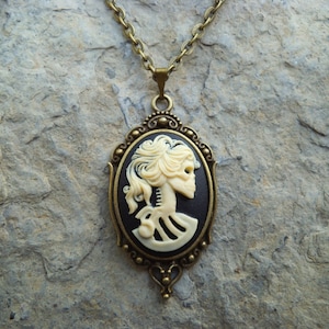Skeleton Lady - Skull Cameo Necklace - Bronze Setting, Bronze Chain - Christams, Goth, Rockabilly, Steampunk, Halloween