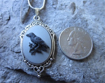 Choose Silver, Gold or Bronze and on Gray, Cream or Purple - Raven, Crow, Black Bird Necklace - Halloween -Spooky