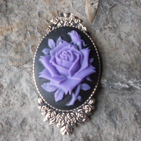 Gorgeous Purple Rose Cameo Brooch / Pin, (on black) Beautiful Rose Detail and Great Quality!!!! Religoius, Mother/Baby, Christmas, Holiday