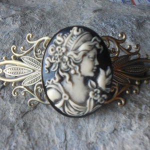 Victorian Woman Portrait Cameo Antiqued Bronze Filigree Barrette - Hand Painted- Hair Accessory - Religious - Accessory