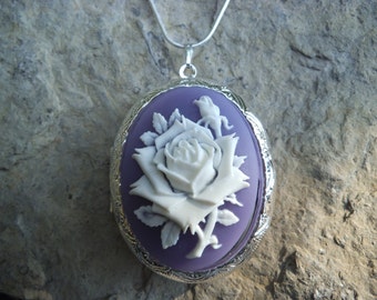 Cameo Locket - White  Rose on Lavender/Purple - High Quality -  Weddings, Photos, Keepsakes, Christmas