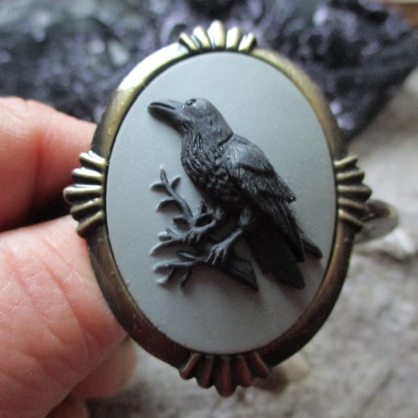 Choose Bracelet Finish and Gray, All Black, or White - Raven Cuff Bracelet - Poe, Halloween, Spooky, Scary, Blackbird, Crow