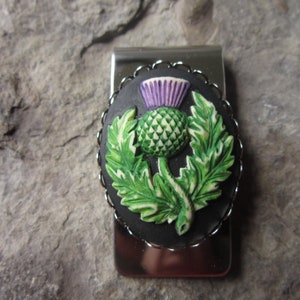 Stainless Steel Scottish Thistle (Hand Painted) Cameo Money Clip - Scotland - Celtic - Father&#39;s Day Gift - Dad - Anniversary - Father&#39;s Day