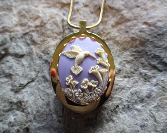 Choose Gold Plated or Stainless Steel - Hummingbird on Lavender / Purple Cameo Urn Necklace - Ashes -Lock of Hair- Bird - Memorial - Urn