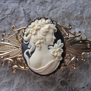 Choose Black, Brown, or Green - Victorian Woman Portrait Cameo Gold Filigree Barrette - Hair Accessory - Religious - Accessory