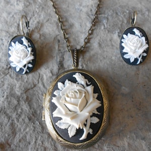 White Rose on Black Cameo Bronze Locket and French Lever Back Earrings Set - Antiqued Look - Quality - Wedding -Bridesmaid