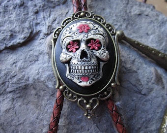 Bronze, Black or Silver - Unisex Bolo - Bola Tie - Mexican Sugar Skull Hand Painted Cameo -Necklace -Choker - Tie - Goth - Gothic - Skeleton