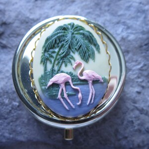 Kies Goud of Zilver - Tropical Flamingo Cameo Pill Box - Medication Case - Pill Case - Meds - Vakantie - Medication Organizer