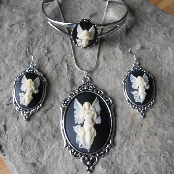 Matching Set-- Guardian Angel Cameo Necklace, Earrings and Bracelet!!  Gorgeous Quality!! Religious, Angel