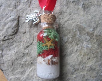 2 in 1 sieraad en ketting - Christmas at the Beach, echte Starfish, echt zand & zeeschelpen in glazen fles, met de charme van een zeeschildpad