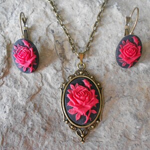 Stunning 2 Piece Set- Red Rose on a Black Background Cameo Necklace and French Lever Back Earrings - Bronze