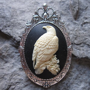Choose Silver or Gold -  2 in 1 American Bald Eagle Cameo Pendant and Brooch - Pin - 2 3/4&quot; Long - Patriotic - Fourth of July - Victorian