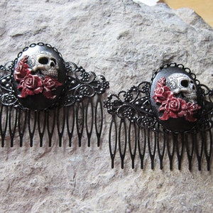 Hand Painted Pair of Skull & Roses Cameo Black Filigree Hair Combs -Hair Accessory -Hair Clips - Barrettes - Goth Wedding