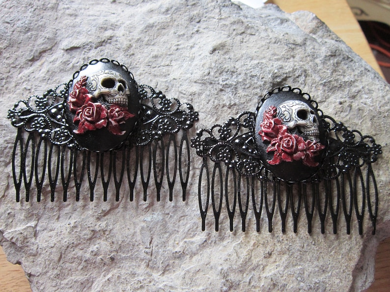 Hand Painted Pair of Skull & Roses Cameo Black Filigree Hair Combs -Hair Accessory -Hair Clips - Barrettes - Goth Wedding image 1