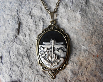 Hand Painted - Dragonfly - Black -  Cameo Necklace  - 2" Long - Bronze Setting, Bronze Chain